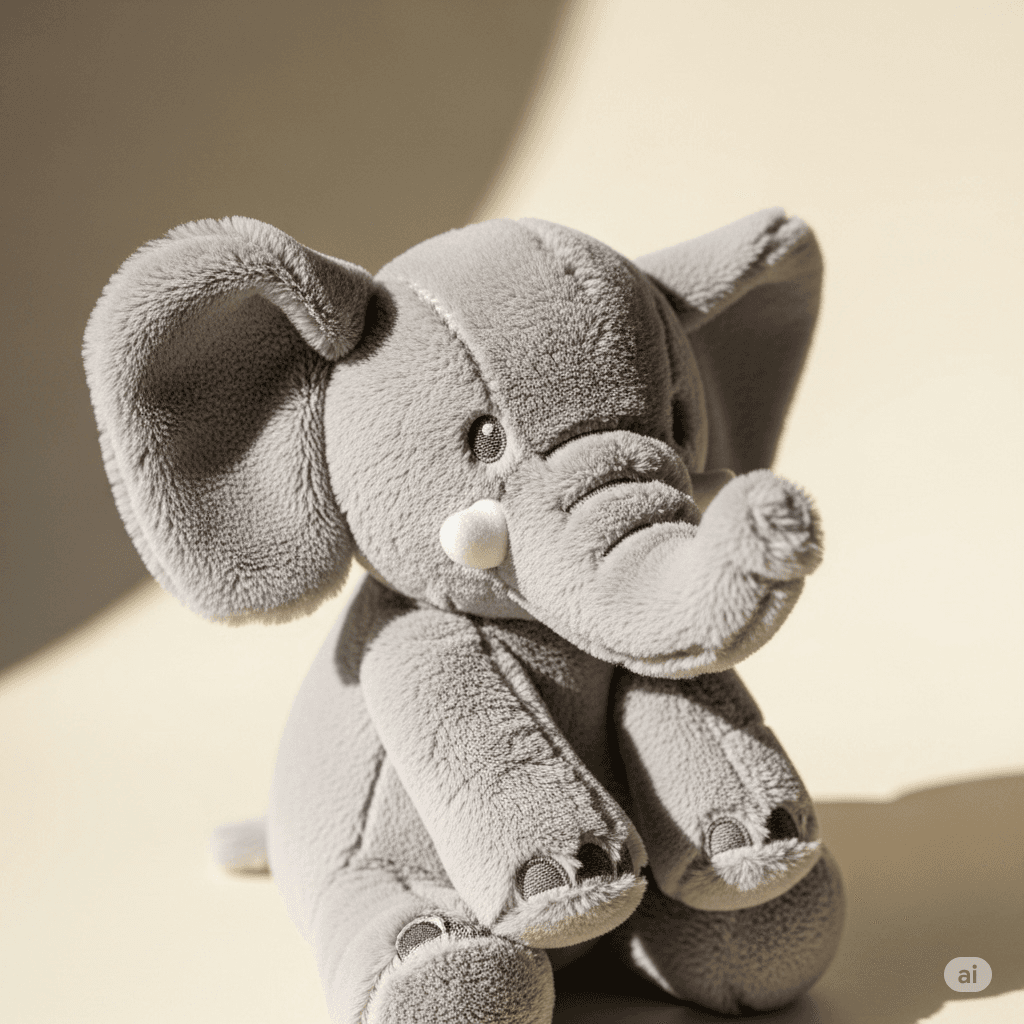 A soft elephant plush in warm afternoon light